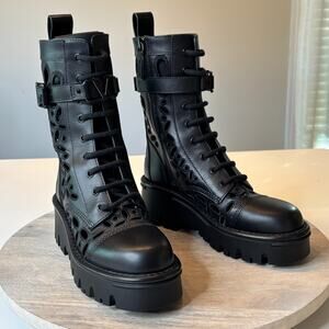 Valentino Garavani Atelier San Gallo Black Leather Combat Boots EU Size 35 US 5